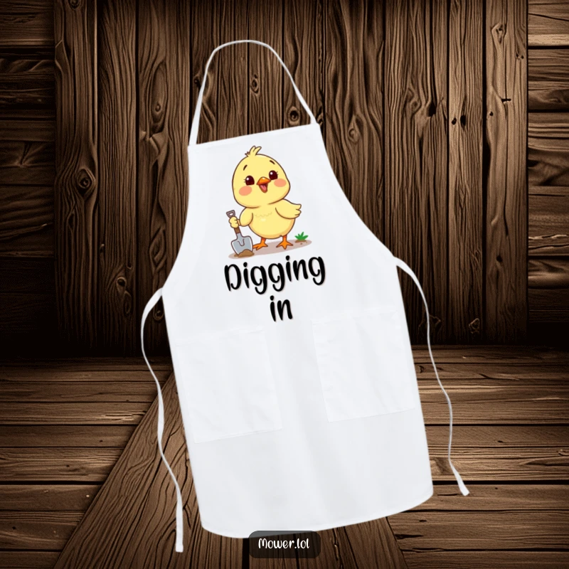 Funny chick energetically digging with a shovel, suggesting a playful and determined approach to any task. A great funny gift.