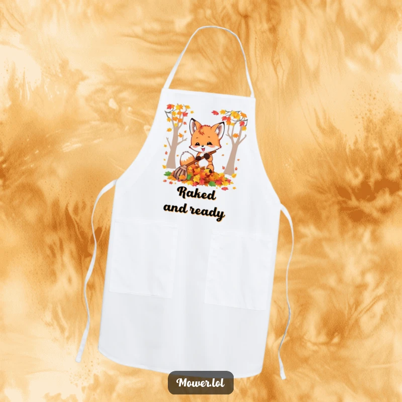 Funny fox cub delightedly raking a pile of colorful autumn leaves, suggesting a joyful and active approach to fall chores. A great funny gift.