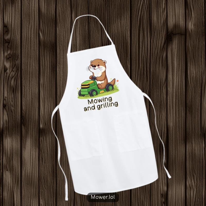 Funny playful otter using paws to guide a small riding mower, on a practical apron, bringing humorous aquatic vibes to the kitchen, a funny gift.
