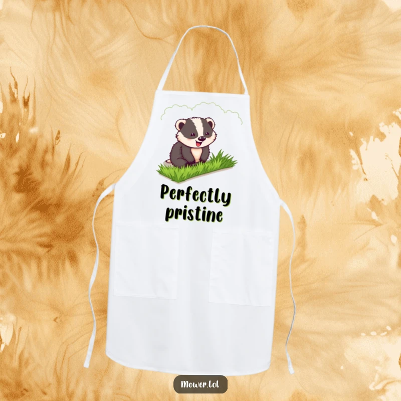 Funny Badger Apron: A delighted badger proudly displays his perfectly manicured lawn while wearing this humorous kitchen accessory.