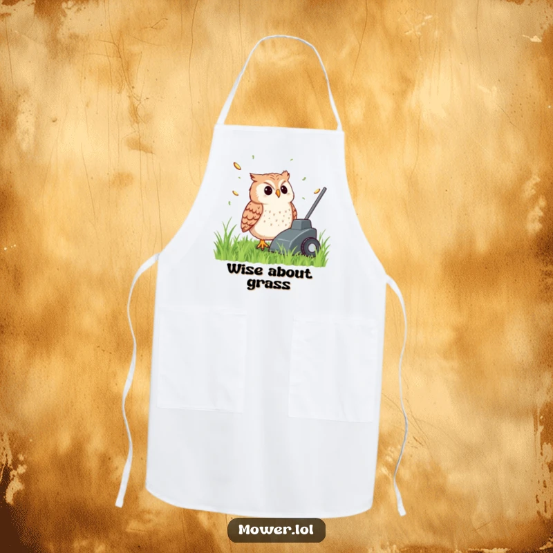 Funny, content owl watching grass clippings fly from a lawn mower, on a practical apron, bringing humorous gardening vibes to the kitchen, a funny gift.