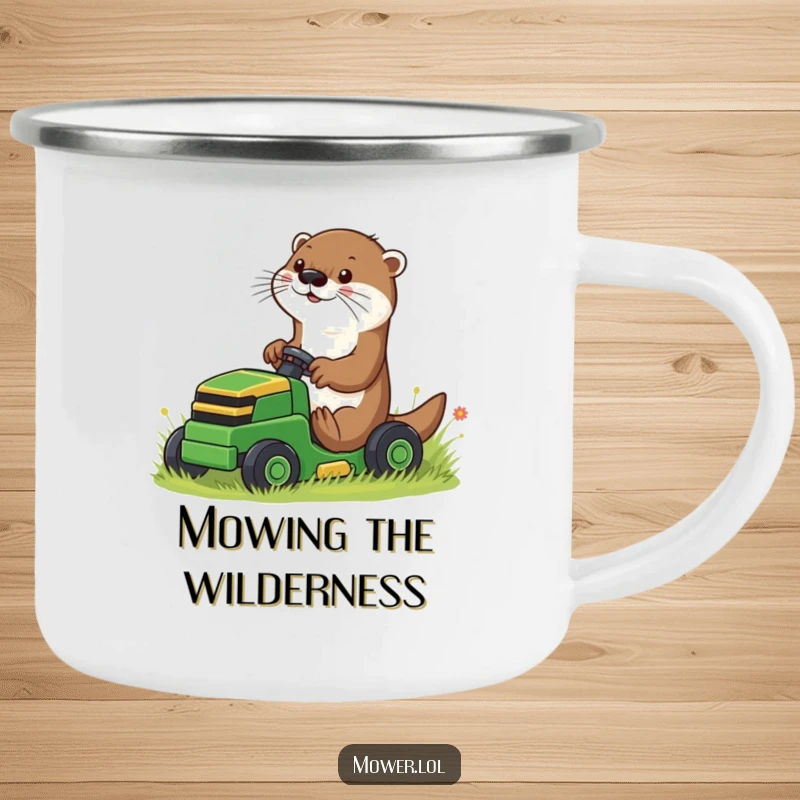 Funny playful otter using paws to guide a small riding mower, on a sturdy camping mug, bringing humorous outdoor vibes, a funny gift.