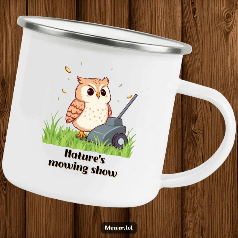Funny, content owl watching grass clippings fly from a lawn mower, on a sturdy camping mug, bringing humorous outdoor vibes, a funny gift.