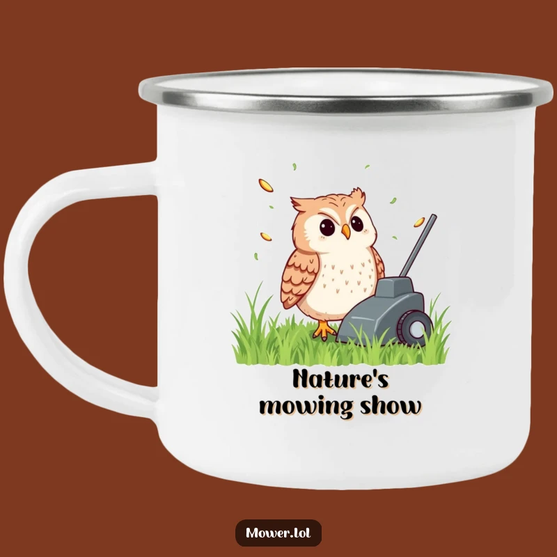 Funny Owl Mower Camping Mug: Content Observer & Outdoor Humor