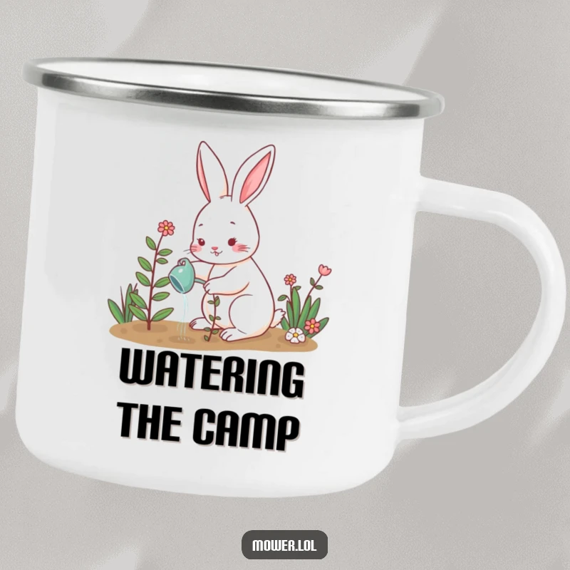 Funny rabbit watering a plant in a garden setting, ready for outdoor adventures and peaceful moments. A durable funny gift.