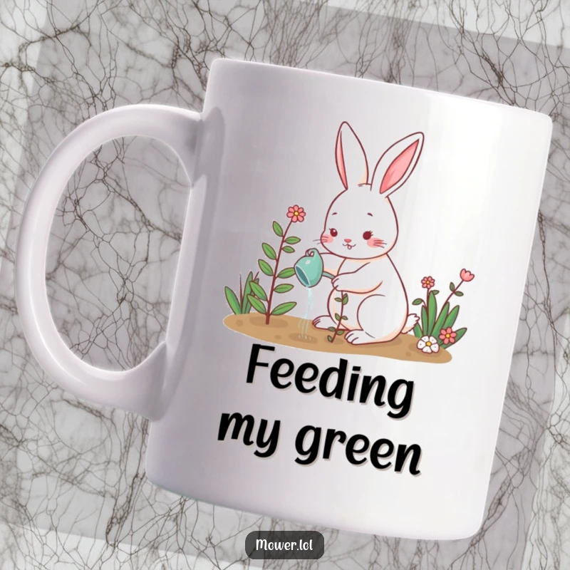 Funny rabbit playfully watering a small, green plant in a garden, symbolizing growth and a gentle, humorous touch.