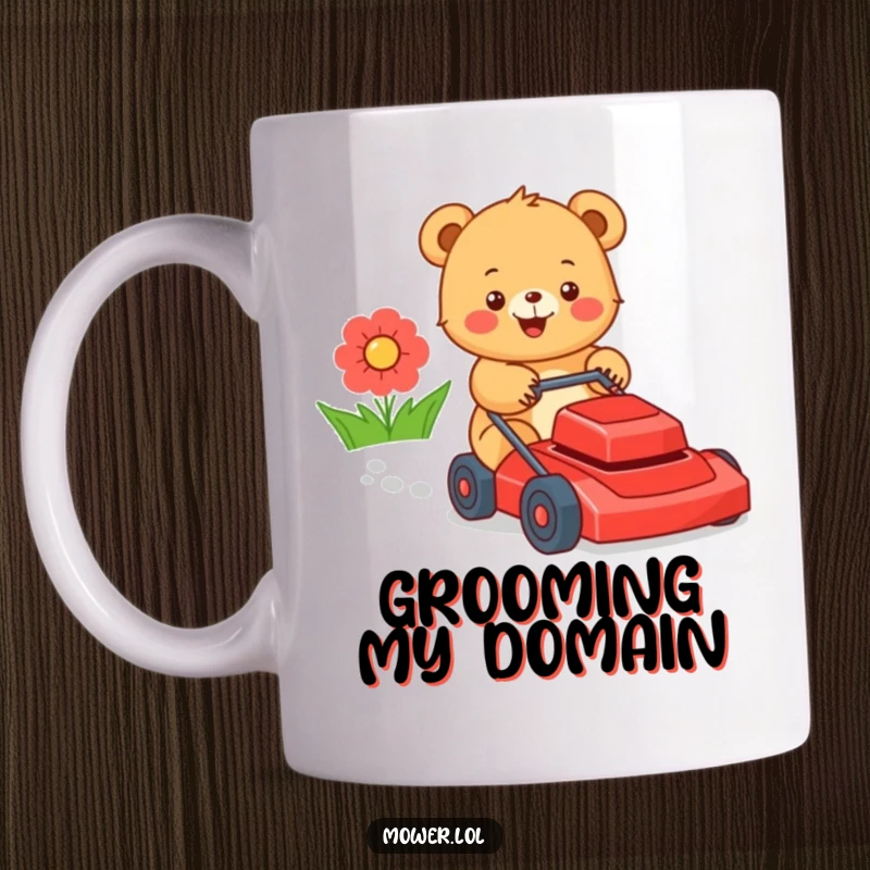 Funny bear cub gleefully pushing a red lawn mower, symbolizing outdoor fun and a touch of wild gardening humor. A joyous and comical scene.