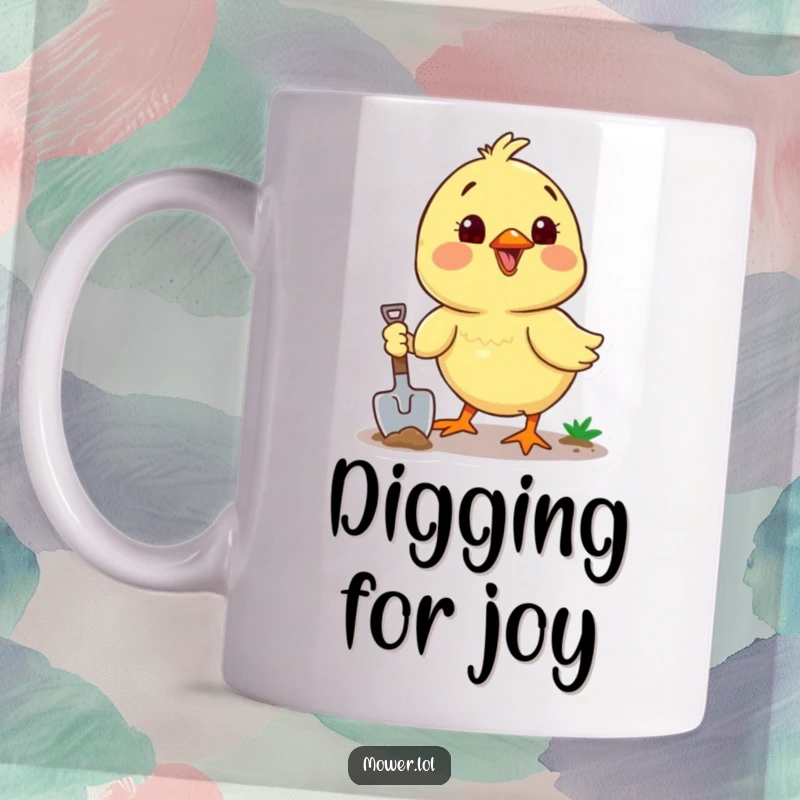Funny, cheerful chick enthusiastically digging in the soil with a small shovel, symbolizing hard work and a sunny disposition.