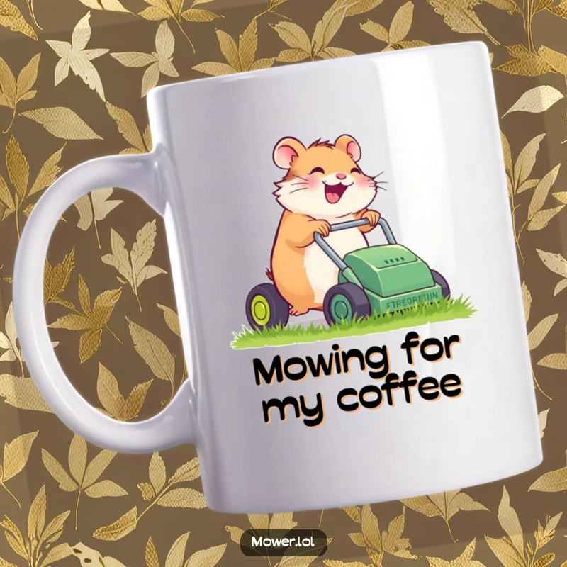 Funny giggling hamster energetically pushing a tiny, sputtering lawn mower on a ceramic mug, a delightful and humorous gift idea.