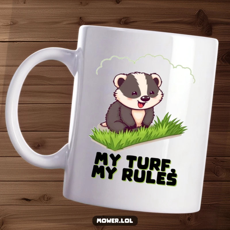 Funny Badger Mug: A delighted badger proudly surveys his perfectly manicured lawn, showcasing his gardening expertise.