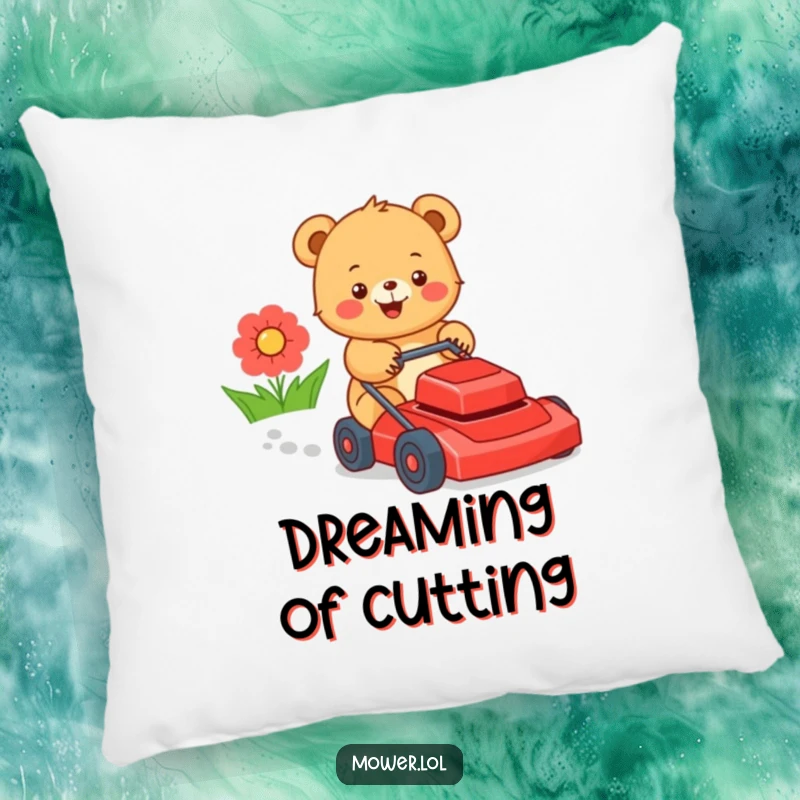 Funny bear cub pushing a lawn mower, bringing a smile with its cheerful demeanor and outdoor activity theme. A cozy funny gift.