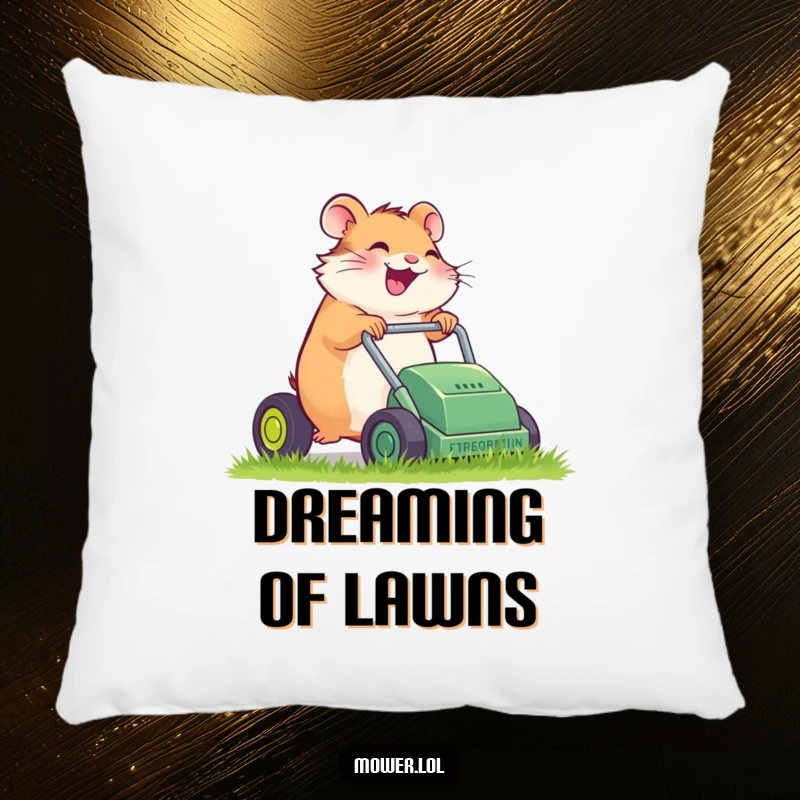 Funny giggling hamster pushing a tiny, sputtering lawn mower, on a soft decorative pillow, offering humorous comfort and a cute touch.