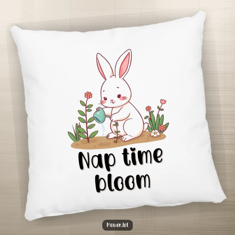Funny rabbit nurturing a small plant in a garden, bringing a sense of calm and humor to any cozy setting. A cozy funny gift.