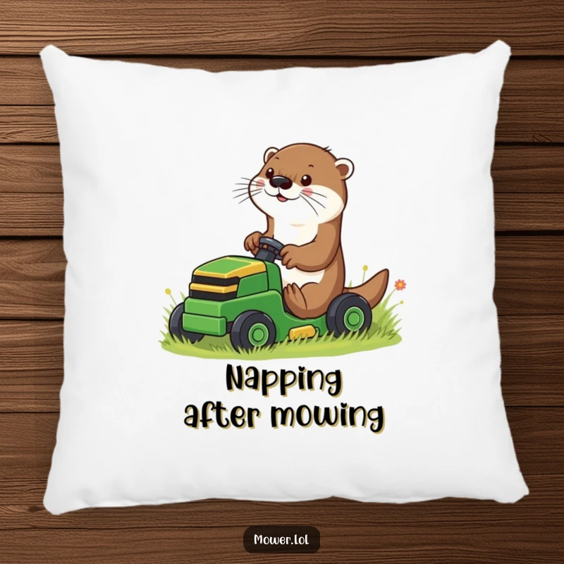 Funny playful otter using paws to guide a small riding mower, on a soft decorative pillow, offering humorous comfort and a cute touch.