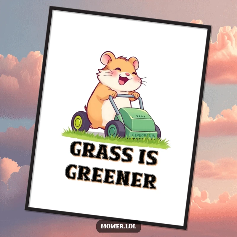 Funny giggling hamster pushing a sputtering lawn mower, as a digital art print, offering downloadable humor and a unique gardening gift.
