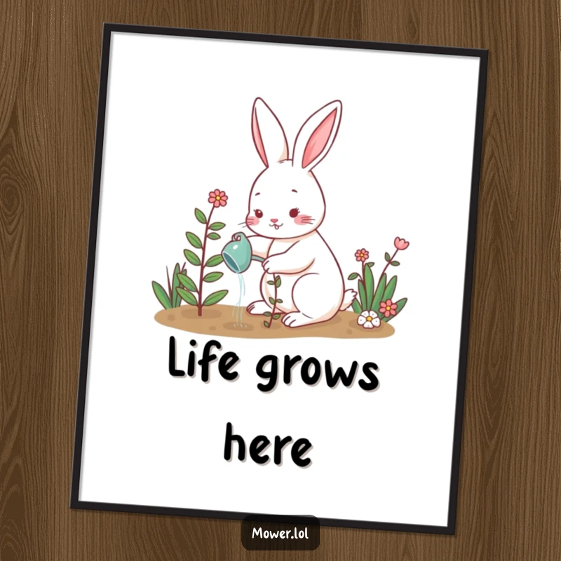 Funny rabbit tenderly watering a flourishing plant in a garden, capturing a serene and humorous gardening moment for digital display. A perfect funny gift.