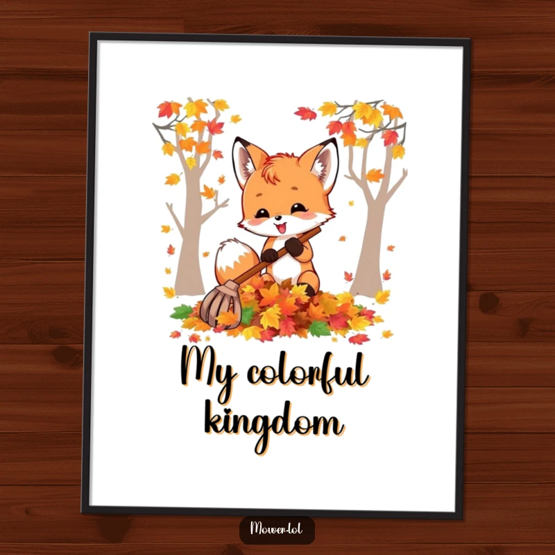 Funny fox cub delightedly raking a pile of colorful autumn leaves, capturing a joyful and whimsical fall moment for digital display. A perfect funny gift.