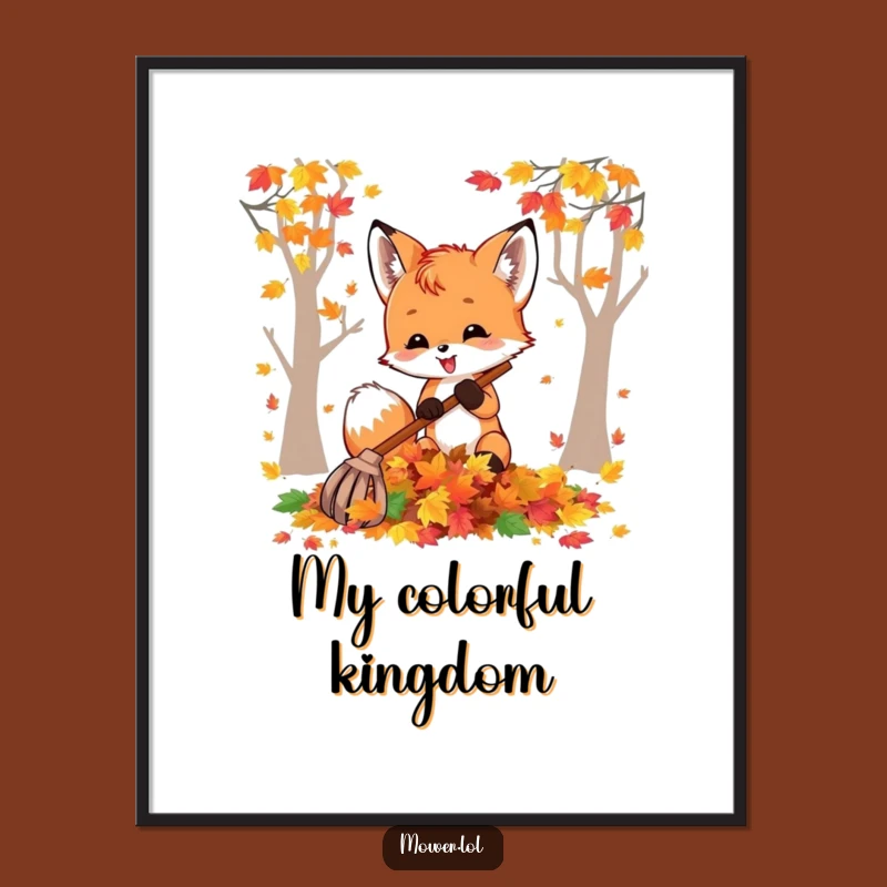 Funny Fox Cub Raking Leaves Digital Art: Hilarious Printable Autumn Decor Gift!