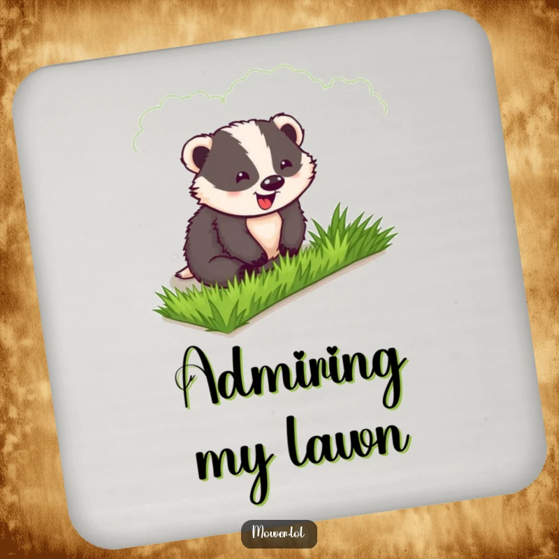 Funny Badger Coaster: A delighted badger gazes at his perfectly manicured lawn, protecting your table with humor.