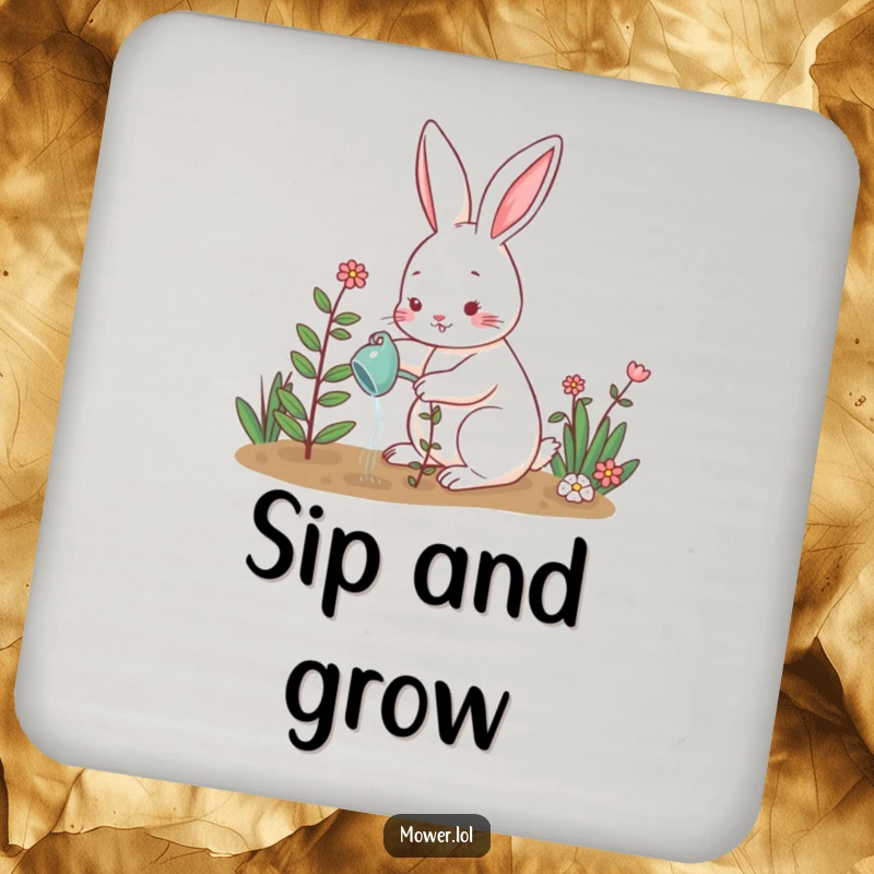 Funny rabbit watering a small plant in a garden, adding a touch of whimsical nature and humor to protect your furniture. A practical funny gift.