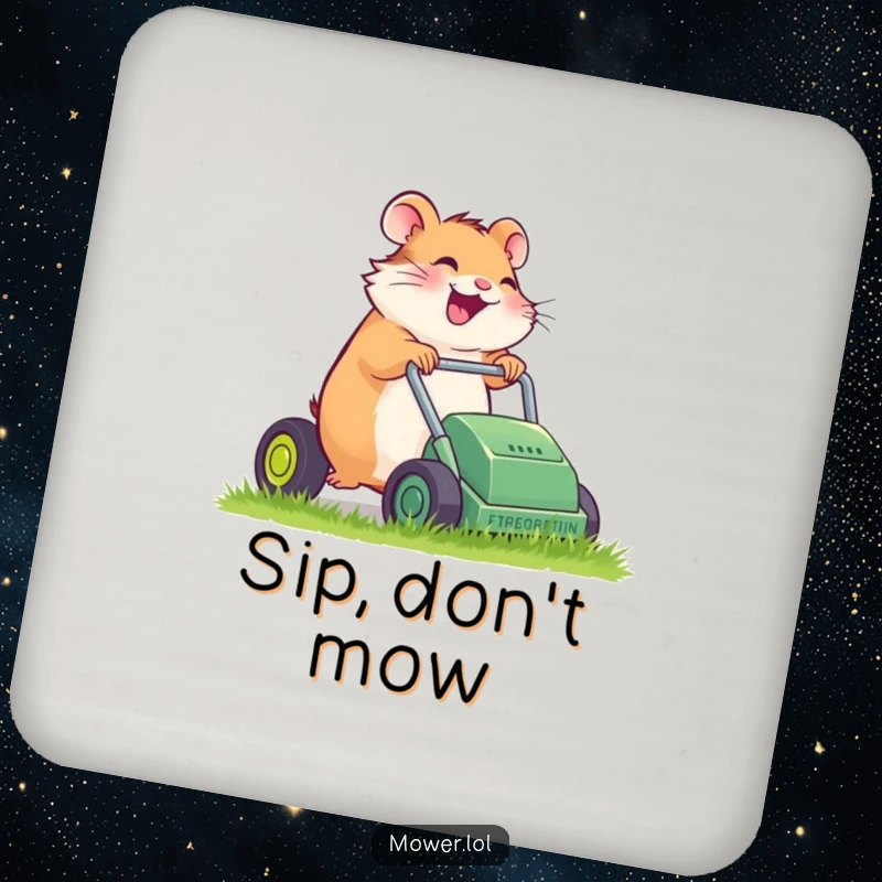 Funny giggling hamster pushing a tiny, sputtering lawn mower, on a drink coaster, offering humorous table protection and a cute touch.
