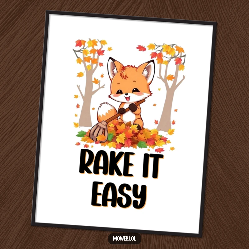 Funny fox cub delightedly raking a pile of colorful autumn leaves, creating a whimsical and heartwarming scene for wall art. A perfect funny gift.