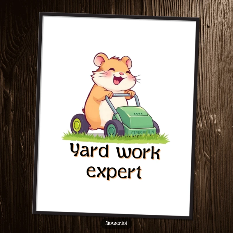 Funny giggling hamster pushing a sputtering lawn mower, as a humorous art print poster, bringing whimsical gardening vibes to any space.