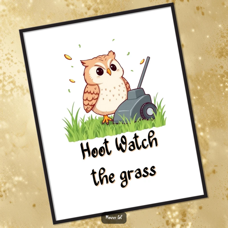 Funny, content owl watching grass clippings fly from a lawn mower, as a humorous art print poster, bringing tranquil gardening vibes to any space.