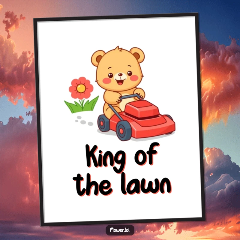 Funny bear cub happily operating a red lawn mower, creating a whimsical and humorous scene for joyful wall decor. A perfect funny gift.