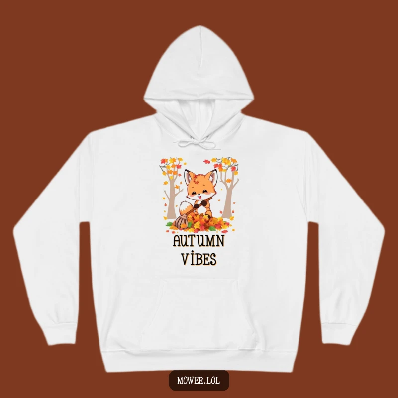 Cozy Funny Fox Cub Raking Leaves Hoodie: Warm and Hilarious Autumn Gift!