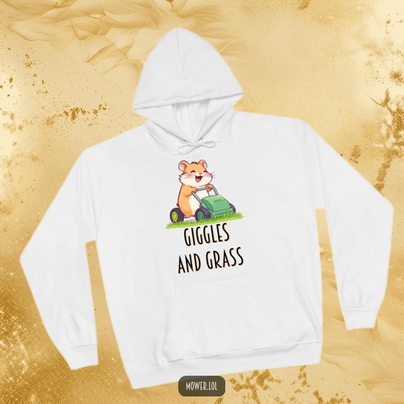 Funny giggling hamster pushing a tiny, sputtering lawn mower, featured on a warm, cozy hoodie, a humorous and practical present.