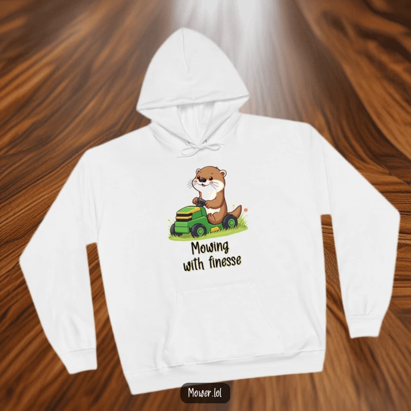 Funny playful otter using its paws to guide a small riding mower, featured on a warm, cozy hoodie, a humorous and aquatic present.