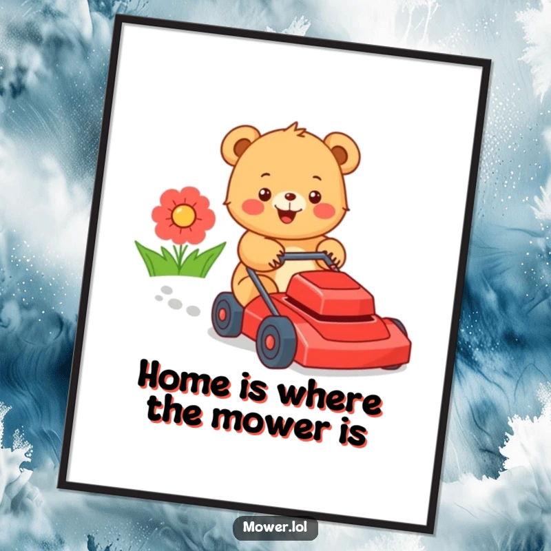 Funny Free Printable Wall Art: Cheerful bear cub gleefully pushing a bright red lawn mower, bringing outdoor fun indoors.