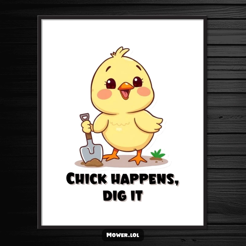 Funny Free Printable Wall Art: Cheerful chick enthusiastically digging in the dirt with a small shovel, cute and funny.