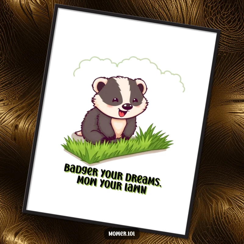 Funny Free Printable Wall Art: A delighted badger joyfully gazes at a perfectly manicured strip of emerald green lawn.