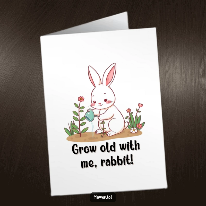 Funny Free Printable Birthday Card: Playful rabbit watering a thriving small plant in a sunny garden, happy birthday wishes.
