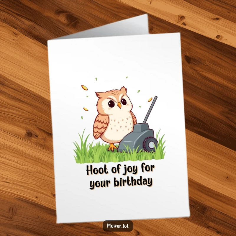 Funny Free Printable Birthday Card of a content owl watching grass clippings fly from the back of a mower.