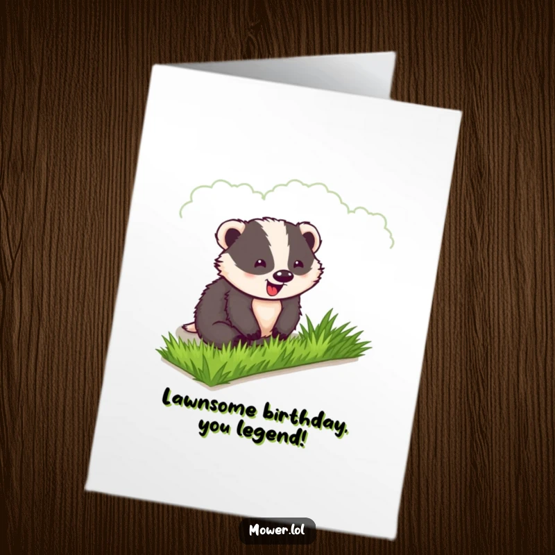 Funny Free Printable Birthday Card: A delighted badger proudly surveys his immaculate lawn, a testament to his dedication.