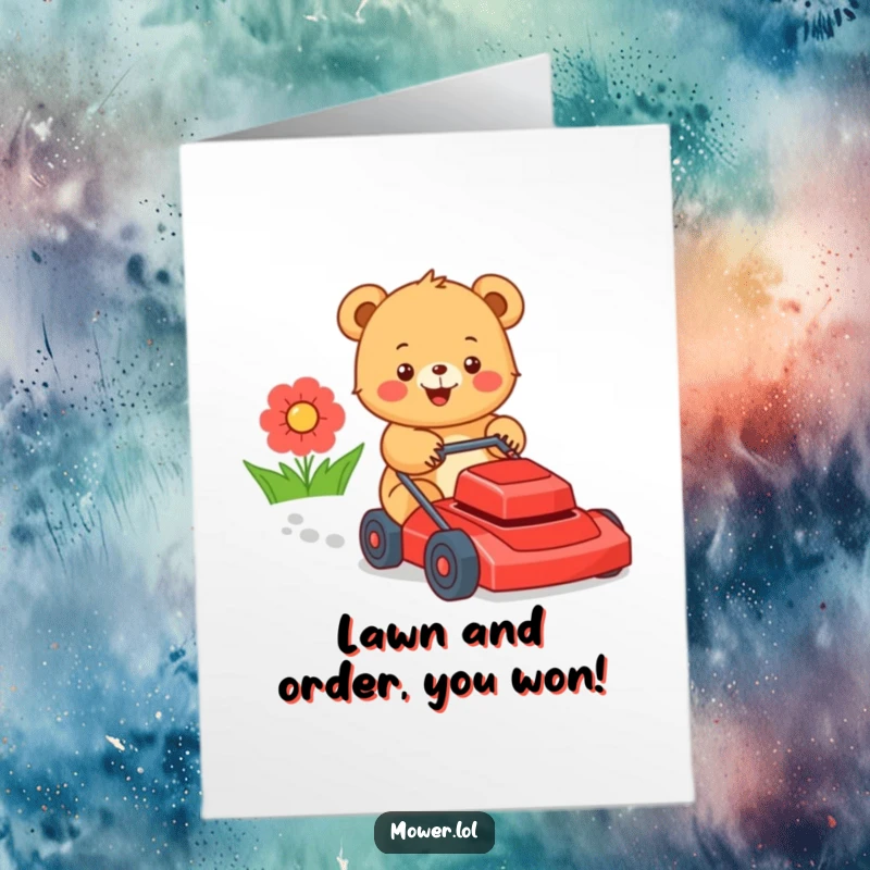 Funny Free Printable Congrats Card: Joyful bear cub pushing a bright red lawn mower, celebrating a big win, downloadable.