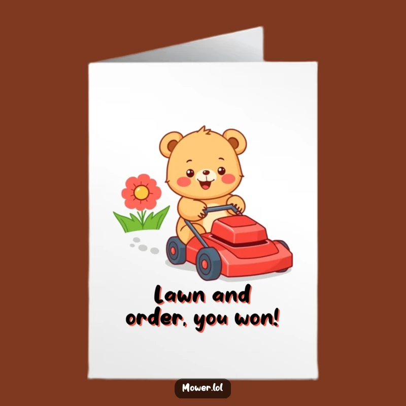 Free Printable Congrats Card: Funny Bear Cub Mowing Lawn, Downloadable