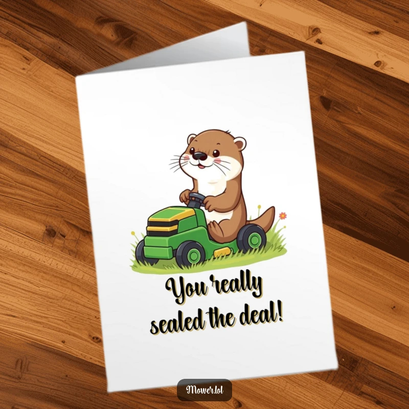 Funny Free Printable Congratulations Card of a playful otter using its paws to guide a small riding mower.