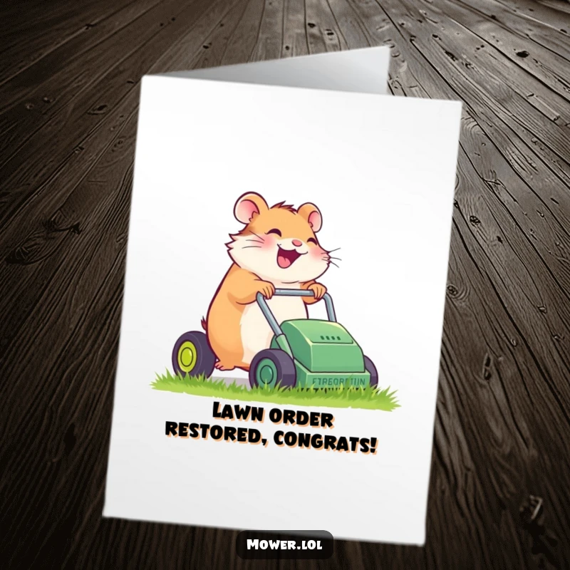 Funny Free Printable Congratulations Card of a giggling hamster pushing a tiny, sputtering lawn mower.
