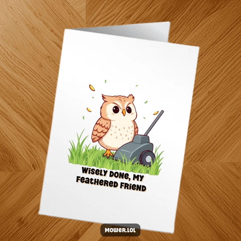 Funny Free Printable Congratulations Card of a content owl watching grass clippings fly from a mower.