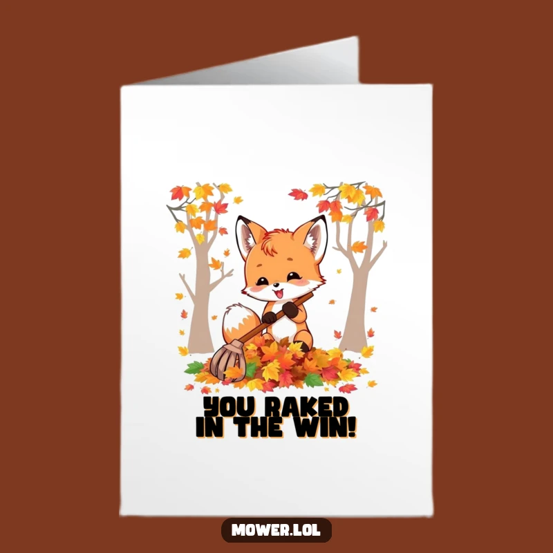 Free Printable Congrats Card: Funny Fox Raking Leaves, Downloadable