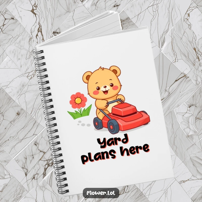 Funny bear cub pushing a lawn mower, symbolizing productive fun and outdoor enthusiasm for note-taking. A delightful funny gift.