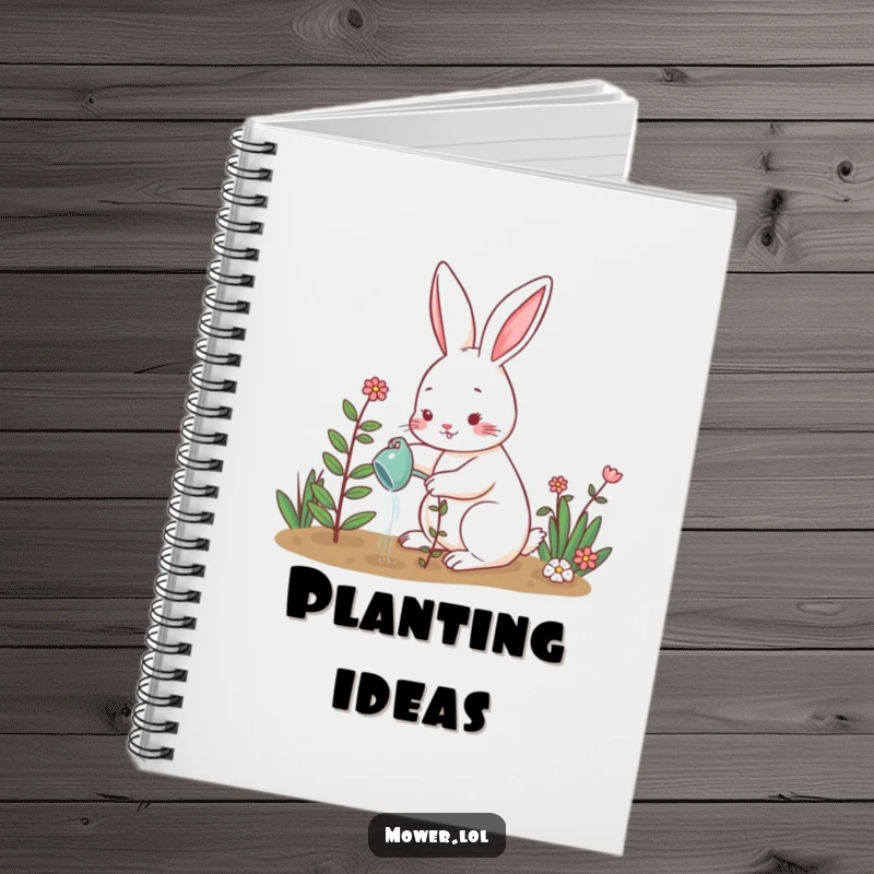 Funny rabbit watering a small plant, symbolizing growth and care for note-taking. A delightful funny gift.