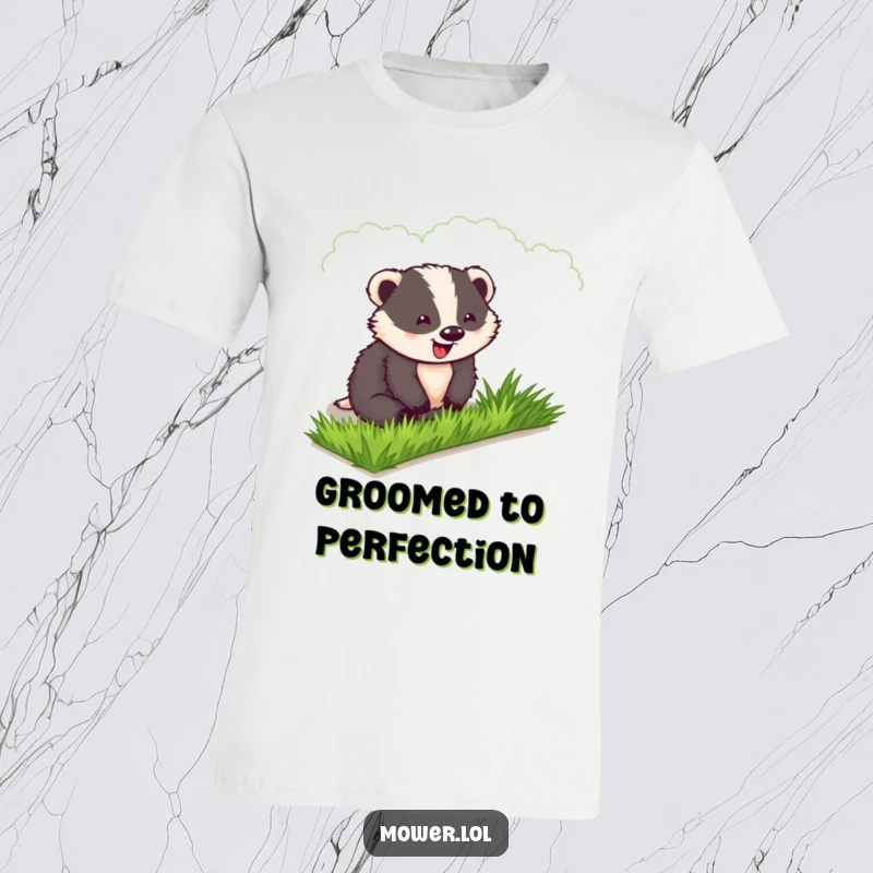 Funny Badger T-Shirt: A delighted badger pauses his work to admire his perfectly manicured lawn, a true gardening connoisseur.