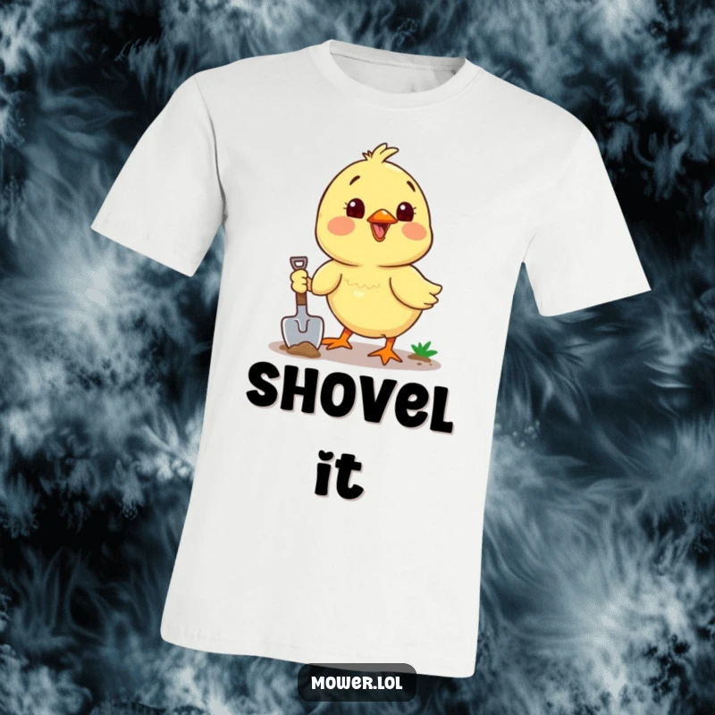 Funny chick holding a small shovel, digging with great enthusiasm in the ground, radiating a happy and industrious spirit.