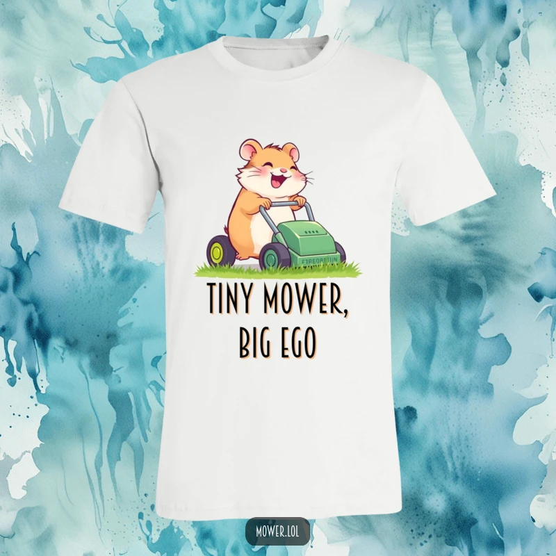 Funny hamster giggling while pushing a tiny, sputtering lawn mower, printed on a comfortable t-shirt, a humorous gardening gift.