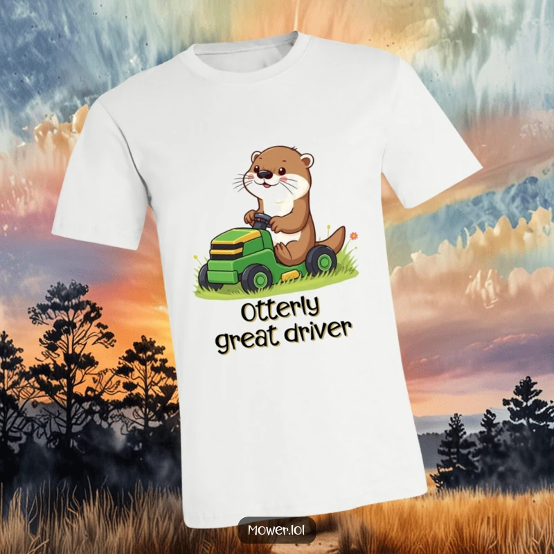Funny playful otter using paws to guide a small riding mower, printed on a comfortable t-shirt, a humorous gardening gift.